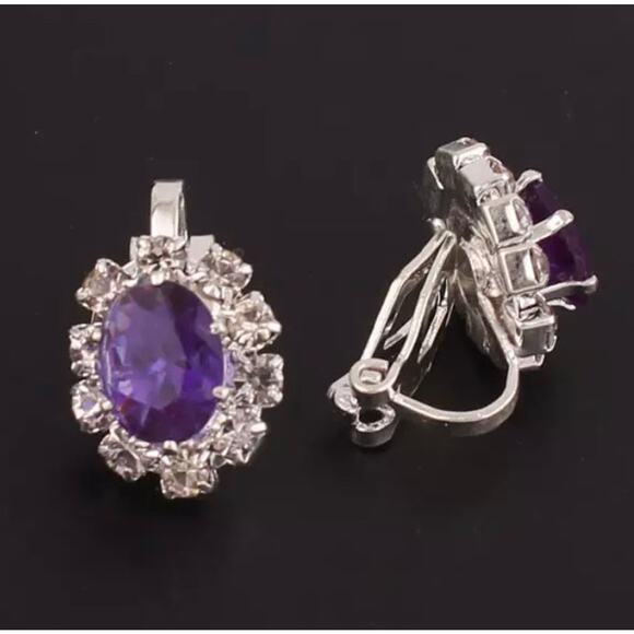 Clip on 1/2" small silver purple and clear stone oval earrings - Picture 1 of 1